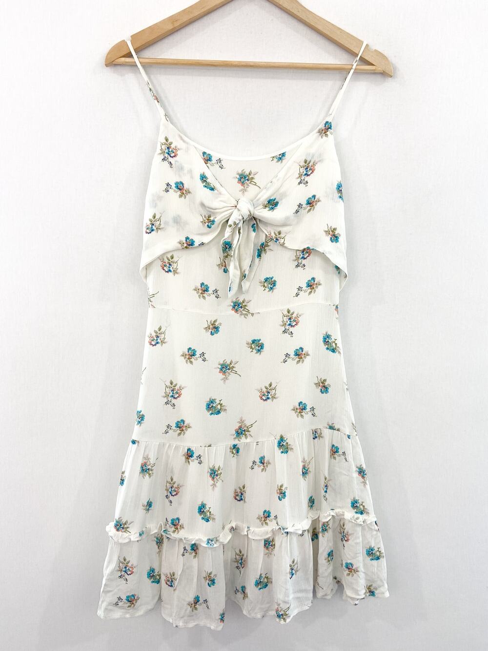 Altar'd State White Mini Floral Mini Dress size Small Ruffle Knot Front Tiered